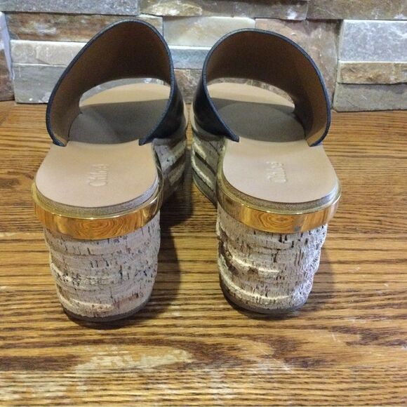 CHLOE Black Leather Platform Wedge Slide Sandals - Picture 6 of 10